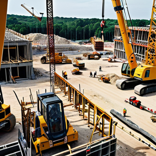 **

> A construction site buzzing with activity. Focus on massive machines, cranes lifting materials, and the framework of a building reaching towards the sky. Capture the sense of awe and the complexity of a large-scale construction project. Include construction workers wearing hard hats.

**