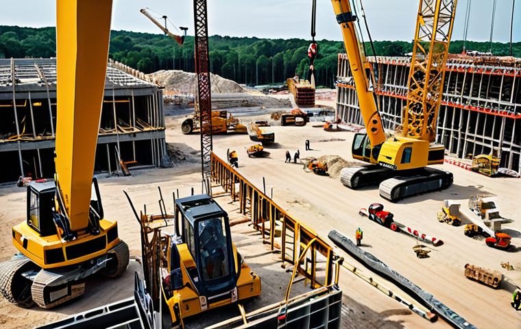 **
> A construction site buzzing with activity. Focus on massive machines, cranes lifting materials, and the framework of a building reaching towards the sky. Capture the sense of awe and the complexity of a large-scale construction project. Include construction workers wearing hard hats.
**